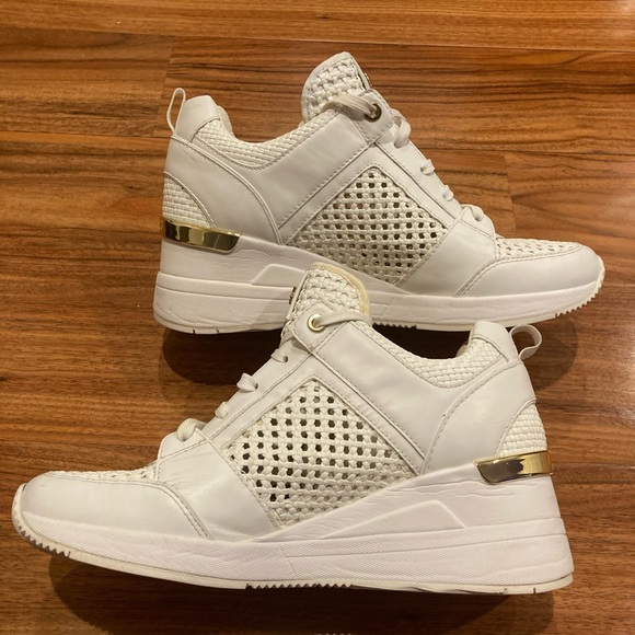 Michael Kors White and Gold Wedge Sneakers - Picture 2 of 9